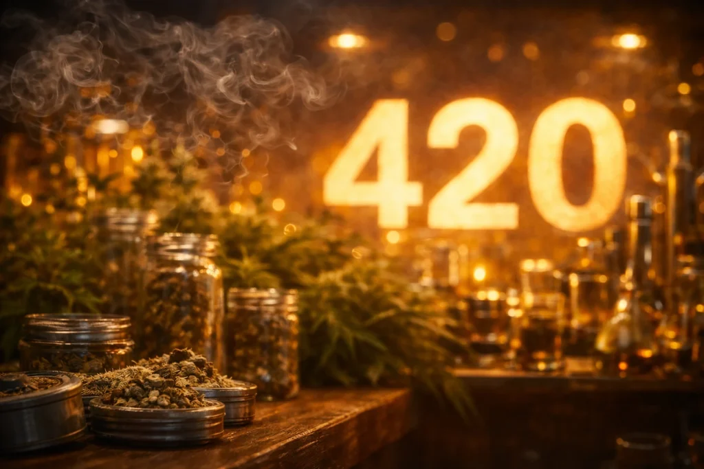 History of 420 cannabis culture image with glowing 420 sign, smoke, jars and dried buds