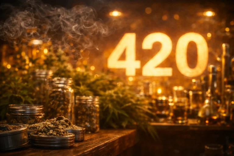 History of 420 cannabis culture image with glowing 420 sign, smoke, jars and dried buds