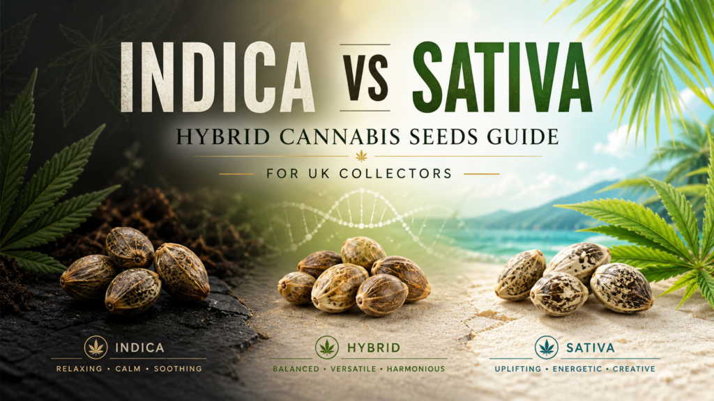 Indica vs sativa hybrid cannabis seeds guide for UK collectors by Canna Genetics