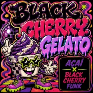 Vibrant graffiti-style label for Black Cherry Gelato with purple swirl ice cream, disco ball, and star sunglasses.